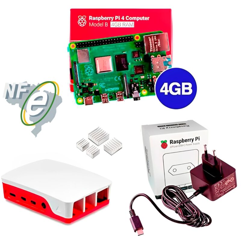 Kit Raspberry Pi 4 4GB c/ Case e Fonte Oficiais + Dissipadores Kit Raspberry Pi 4 4GB c/ Case e Fonte Oficiais + Dissipadores