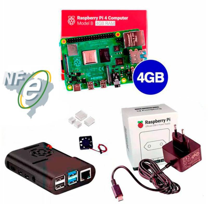 Kit Raspberry Pi 4 4GB c/ Case, Cooler, Fonte Oficial e Dissipadores Kit Raspberry Pi 4 4GB c/ Case, Cooler, Fonte Oficial e Dissipadores