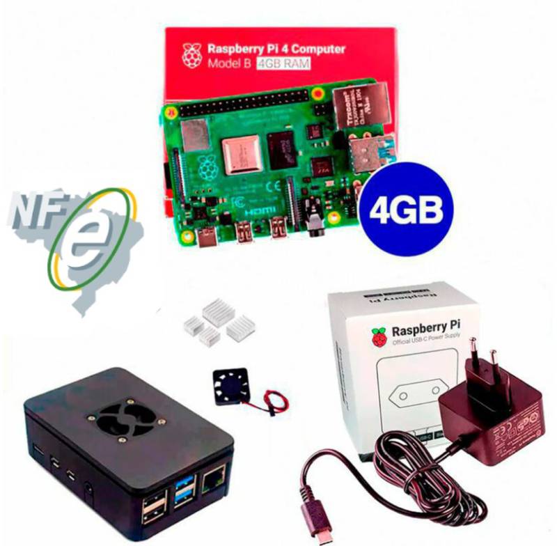 Kit Raspberry Pi 4 4GB c/ Case, Cooler, Fonte Oficial e Dissipadores Kit Raspberry Pi 4 4GB c/ Case, Cooler, Fonte Oficial e Dissipadores