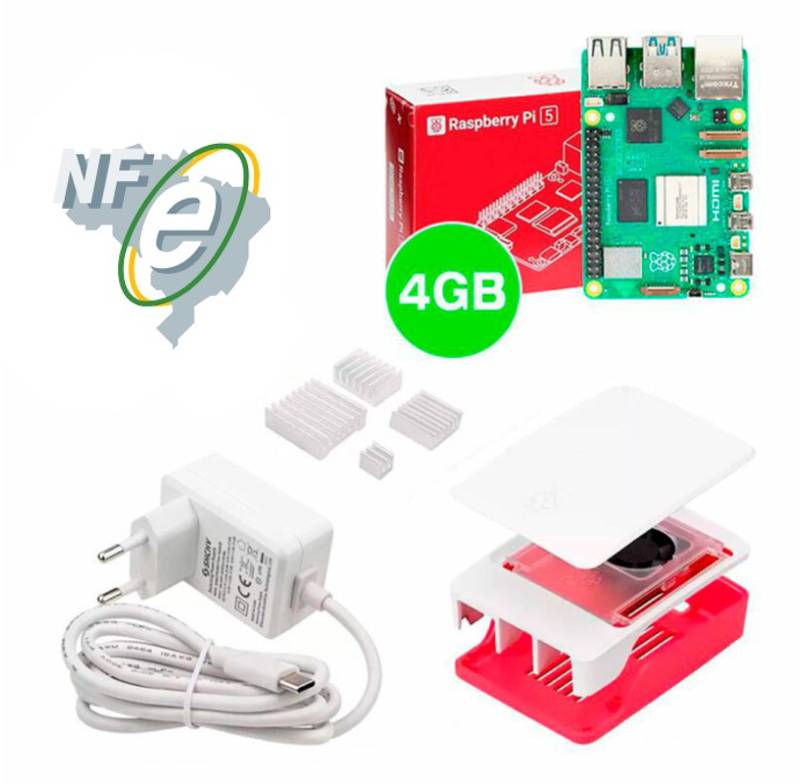 Kit Raspberry Pi 5 4GB c/ Case Oficial c/ Cooler Fan e Fonte 27W Kit Raspberry Pi 5 4GB c/ Case Oficial c/ Cooler Fan e Fonte 27W