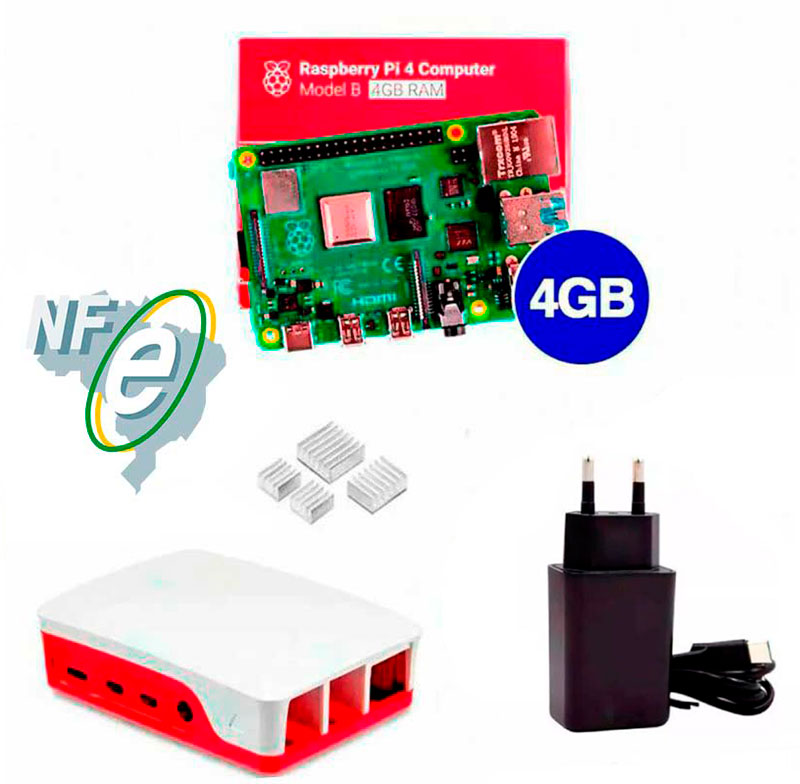 Kit Raspberry Pi 4 4GB c/ Case Oficial, Fonte e Dissipadores Kit Raspberry Pi 4 4GB c/ Case Oficial, Fonte e Dissipadores