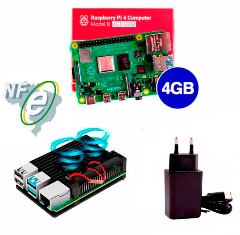 Kit Raspberry Pi 4 4GB c/ Case Alumínio c/ Duplo Cooler Fan e Fonte Kit Raspberry Pi 4 4GB c/ Case Alumínio c/ Duplo Cooler Fan e Fonte
